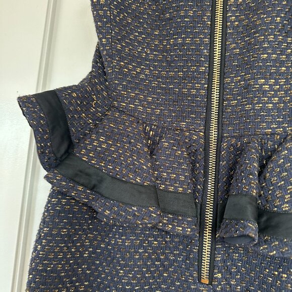 Altuzarra Peplum Pencil Dress Sz 38 Blue Black Gold Tweed Ruffle Trim - Picture 8 of 8